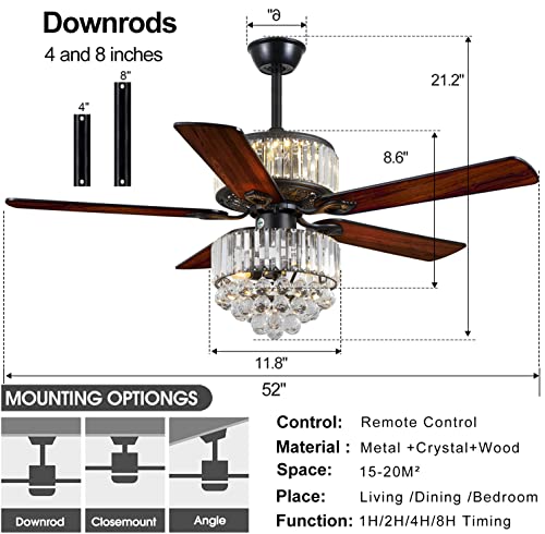 Modern K9 Crystal Fandelier Ceiling Fan with Lights and Remote Control,Outdoor Chandelier Ceiling Fan for Farmhouse,Dining Room,Living Room
