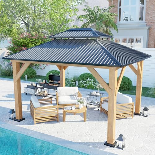 AMERLIFE 10x12 Wood Gazebo, Hardtop Gazebo with Aluminum Double Roof, Outdoor Gazebo with Wood Frame for Parties, Backyard, Lawns, Patio, Black + Natural Wood