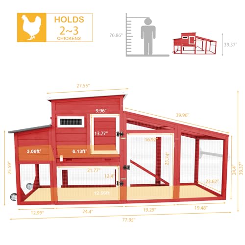 78" Wooden Chicken Coop with Nesting Wheels,Outdoor Mobile Hen House Poultry Pet House with Wheels,Removable Tray,UV Proof Asphalt Roof,Ramp Run for Backyard Garden(White/Red)