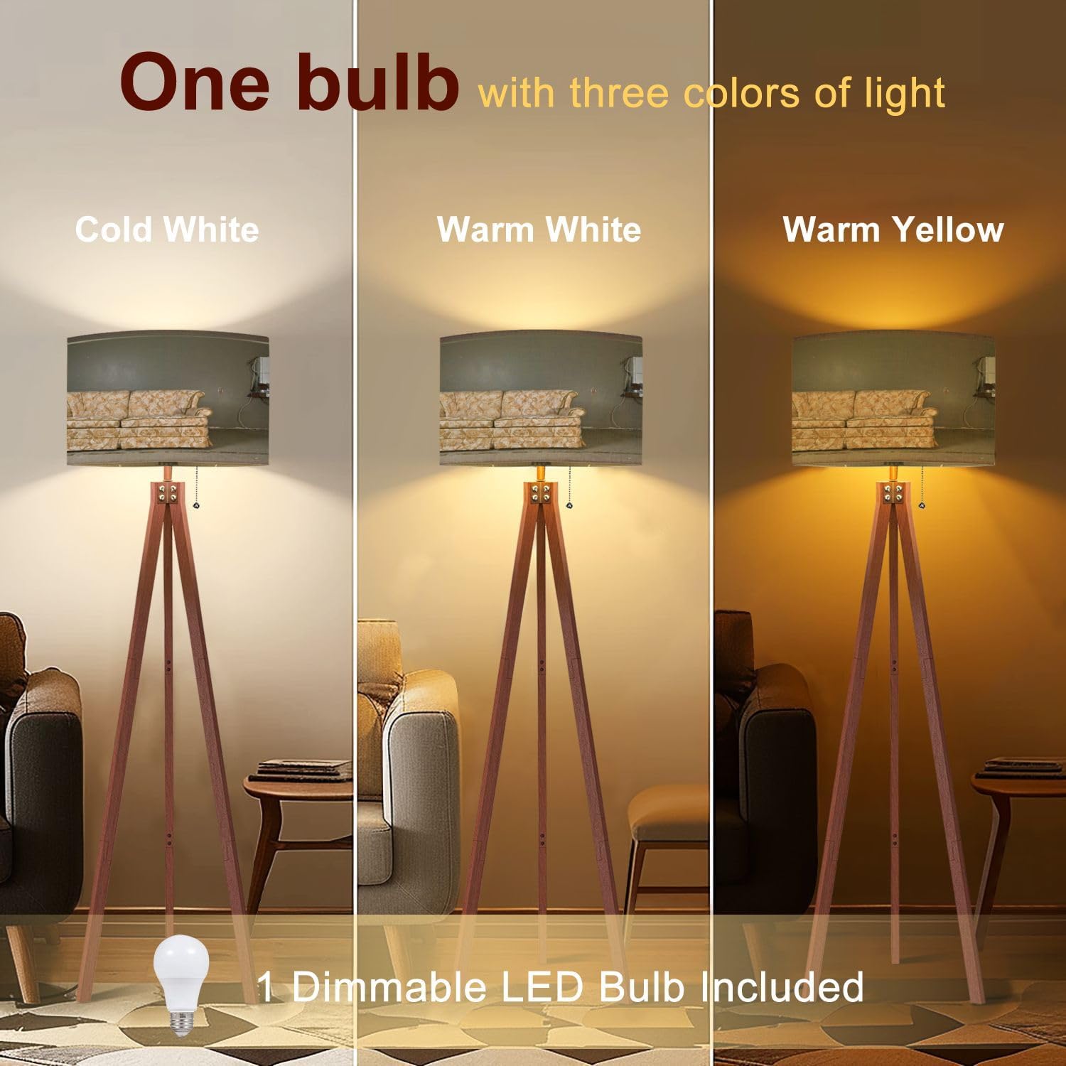 Wood Tripod Floor Lamp derelict couch Modern Standing Lamp Linen Lampshade Dimmable Tall Lamp Mid Century Floor Lamp for Living Room Bedroom