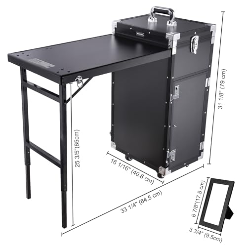 BYOOTIQUE Rolling Manicure Table Foldable Nail Table Makeup Train Case Tattoo Station Portable Nail Desk Workstation with 4 Drawers Mirror for Salon Travel, Black