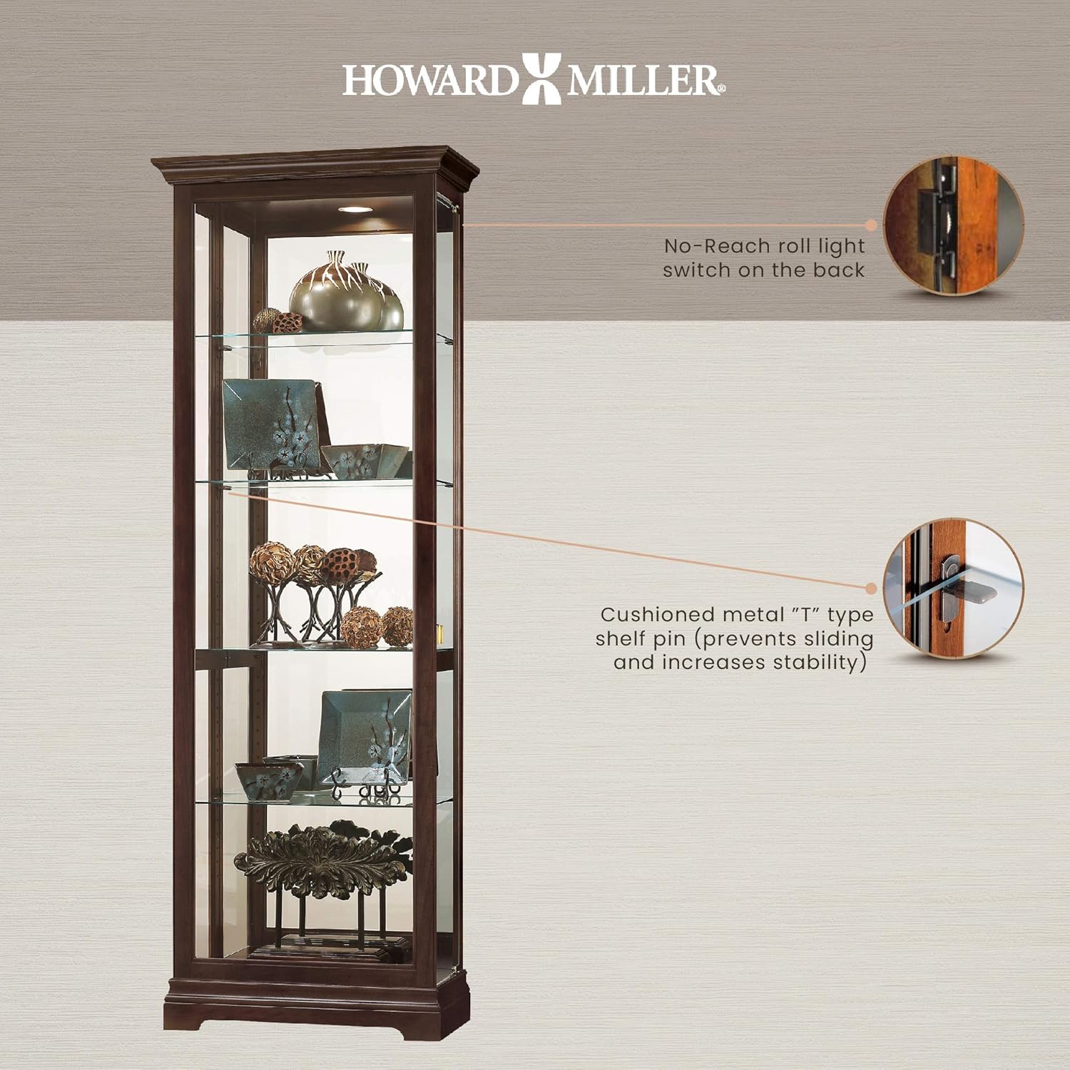 Howard Miller Brantley Curio Cabinet 680-671 – Espresso Finish, Vertical Home Decor, Four Glass Shelves, Five Level Display Case, No Reach Light, Sliding Doors