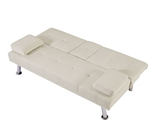 Convertible Folding Futon Sofa Bed,PU Leather Upholstered Modern Couch Loveseat Sleeper, Folding Daybed Guest Bed, Removable Armrests, 2 Cup Holders, Metal Legs (Beige)