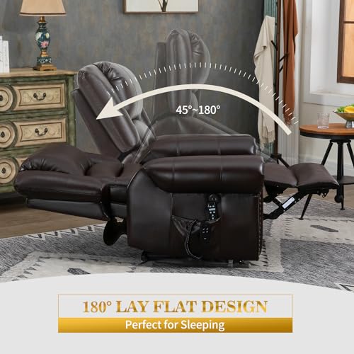 Dual Motor Power Lift Chair, Lay Flat Recliner Chair, Electric Recliner with Massage and Heat for Elderly, Remote Control, Infinite Position, Standing Assistance, USB Ports, Faux Leather, Brown