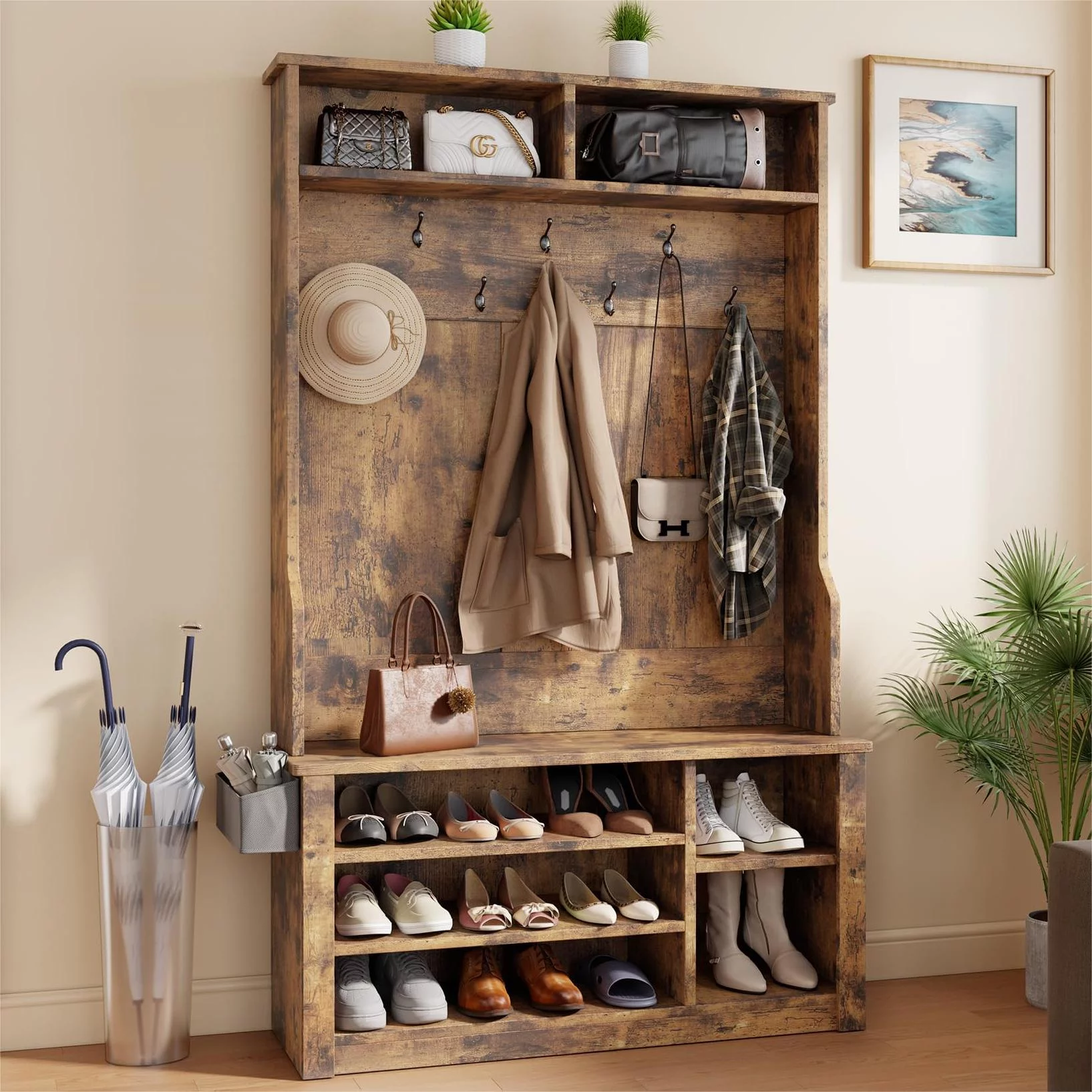 Lofka 5-in-1 Hall Tree with Bench and Shoe Storage, Entryway Hall Tree with Coat Rack, Adjustable Shoe Storage, 2-tier top storage, Rustic Brown