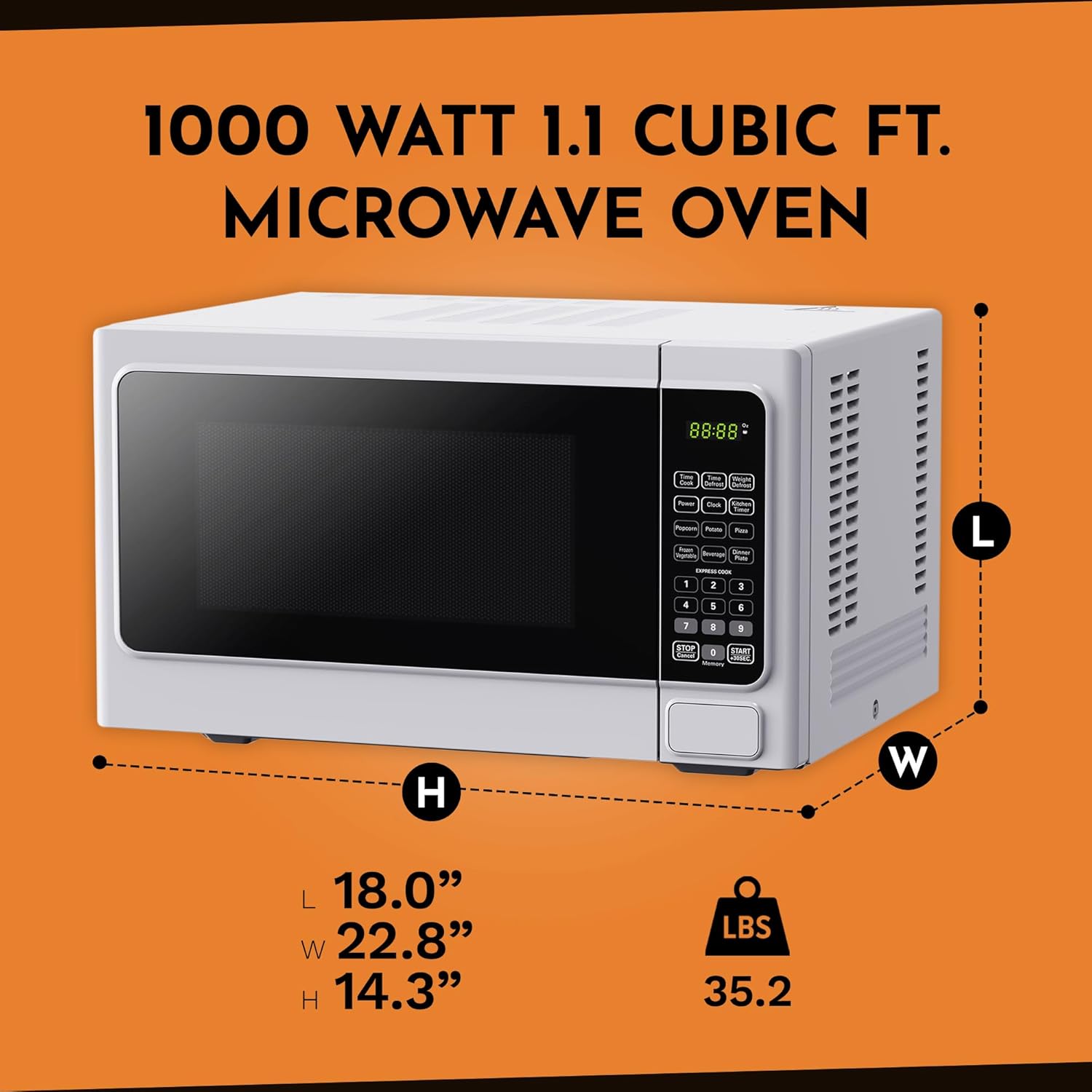 Black+Decker Compact 1000 Watt LED Display Countertop Small Microwave Oven with Turntable, Digital Controls, 6 Cooking Modes, White