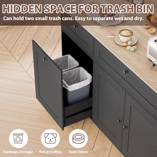 Rolling Kitchen Island on Wheels, Kitchen Islands Cart with Trash Can Storage Cabinet, Portable Island Table with Power Outlet, Drop Leaf, Spice Rack, and Drawers, Black