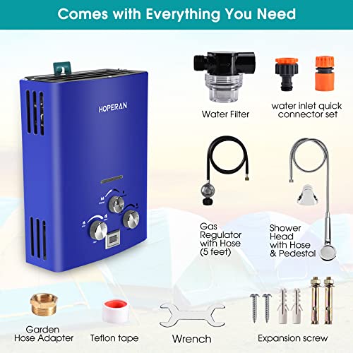 Outdoor Propane Water Heater - 1.6GPM 6L Portable Gas Water Heater, Easy to Install, Propane Tankless Water Heater, Instant Hot Water for Shower - Use for RV Cabin Camping Boat, Blue
