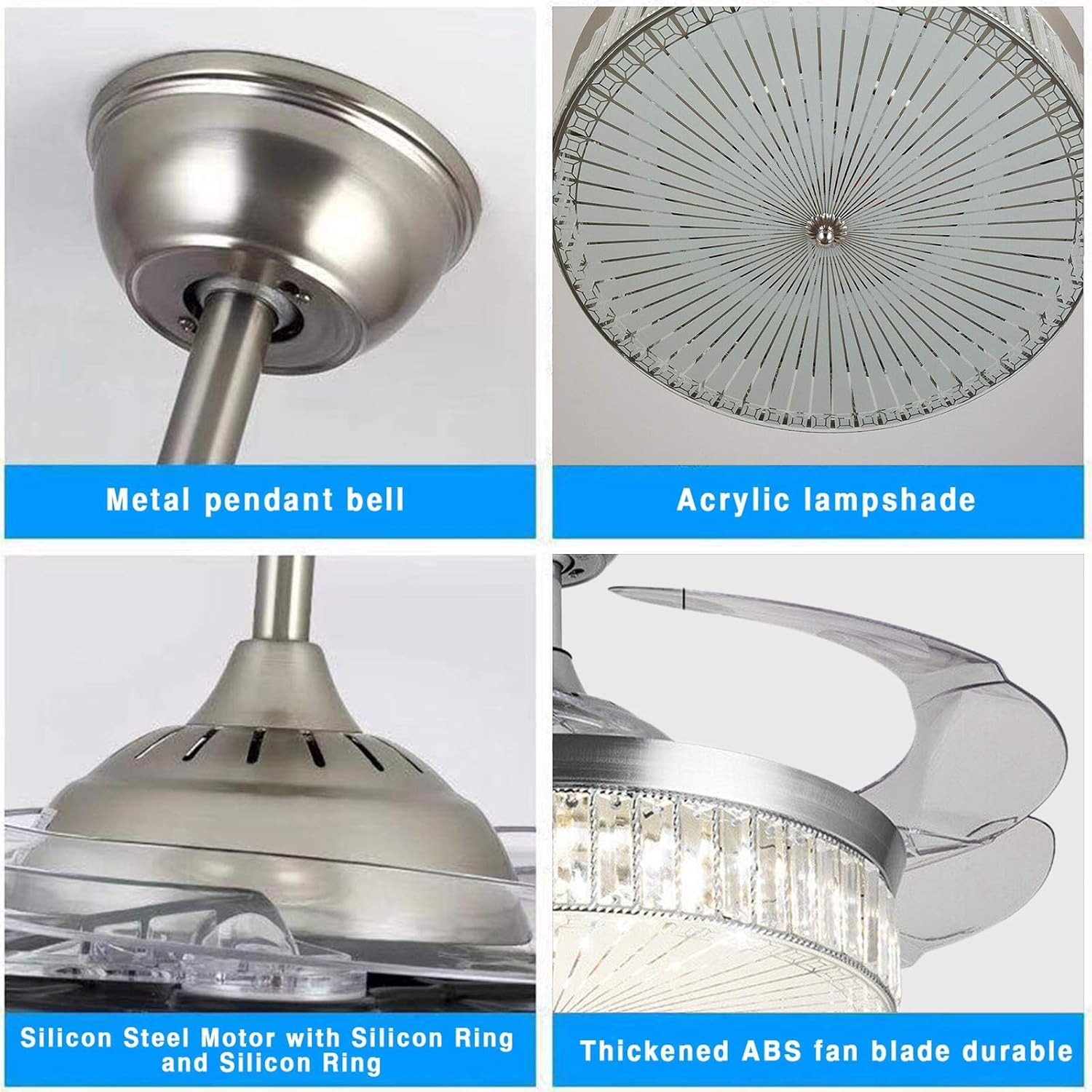 42" Retractable Crystal Ceiling Fans with Lights, Stepless Dimmable Chandelier Ceiling Fans Remote Control Invisible Blades, Reversible Fandelier Fans for Living Room Bedroom