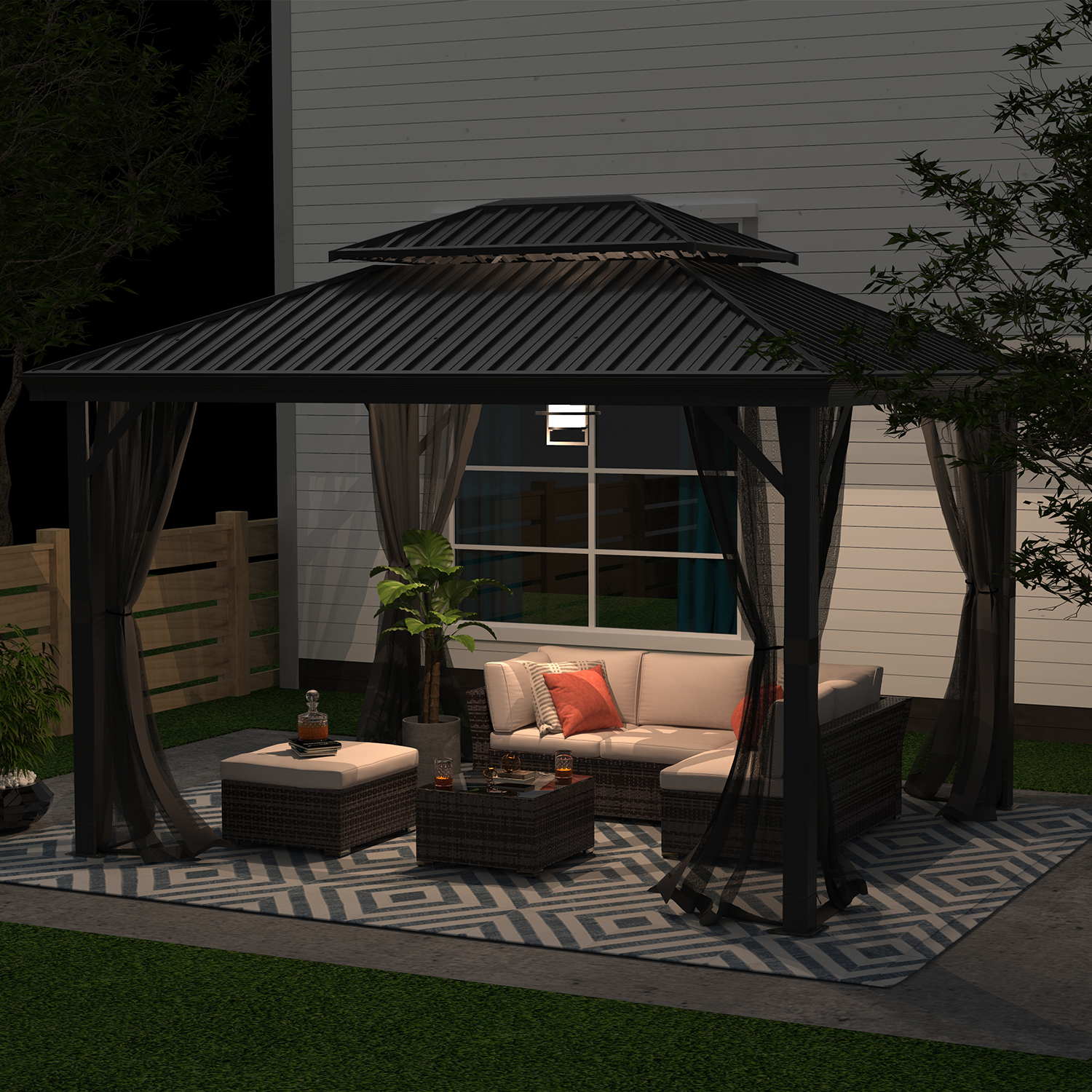 FineFind 10ft x 12ft Hardtop Gazebo with Netting for Patios, Lawn, Backyard and Deck(BLACK)