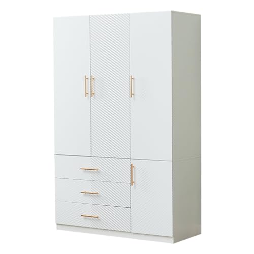 White 4 Doors 3 Drawers Large Closet Cabinet Wardrobe Armoire Bedroom Freestanding Clothes Storage Organizer with Hanging Rod & Shelves, Bathroom Wooden Organizer (20.3"D x 63"W x 74.2"H)