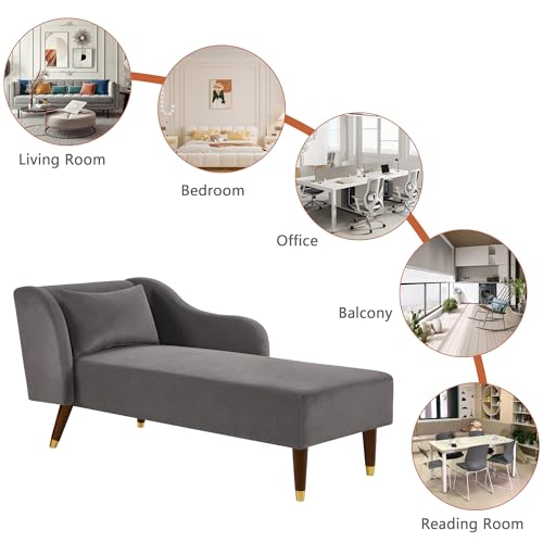 58" Chaise Lounge Indoor, Velvet Upholstered Left Arm Chaise Lounge Chair with Curved armrest & Pillow, Modern Bench Chaise Lounge Sofa for Bedroom Living Room Office, Beige