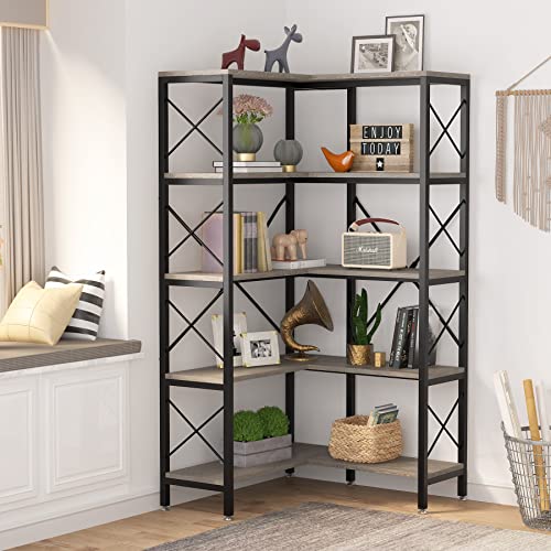 Tribesigns 5-Shelf Corner Bookshelf, Large Modern Corner Bookcase, 5-Tier Tall Corner Shelf Storage Display Rack with Metal Frame for Living Room Home Office (Grey)