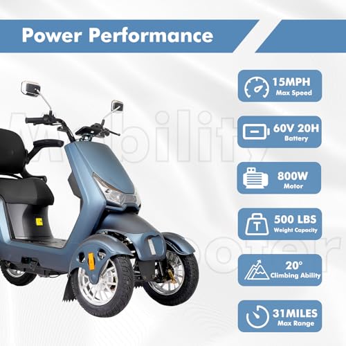 Heavy Duty 4 Wheel Mobility Scooters for Adults, 800W Powered All Terrain Mobility Scooters with Seat and Remote Control, Handicap Scooters for Seniors Outdoor Long Range Travel (Sliver)