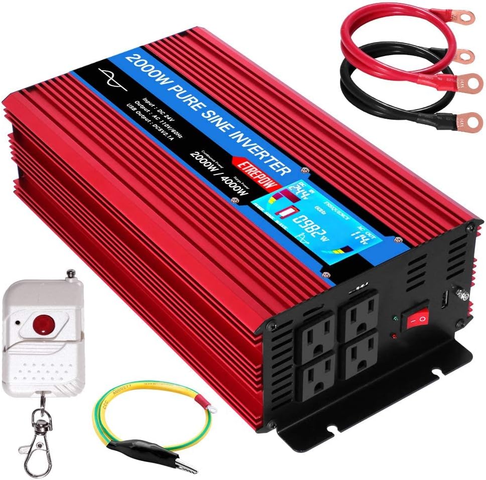 ETREPOW 3000 Watt Pure Sine Wave Inverter 12V to 110V 120V with LCD Display, 4 AC Sockets, 2.1A USB Port, Dual Fans and Wireless Remote Control-Off-Grid Inverter for RV, Automotive 6000W Peak