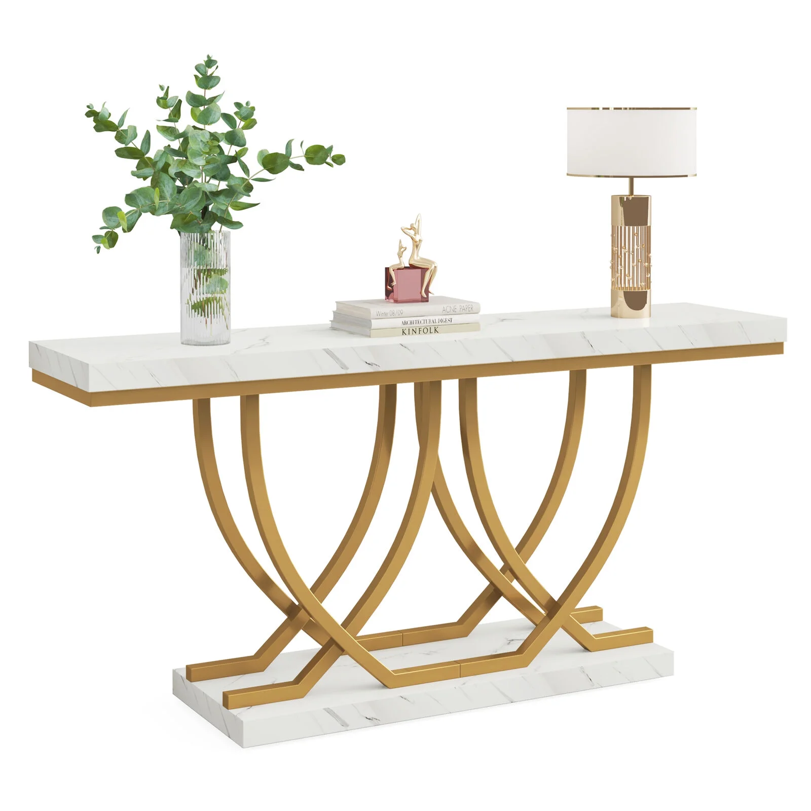 Tribesigns 59" Console Table with Gold Base, Faux Marble Entryway Table Behind Sofa Couch for Living Room, Hallway, White & Gold
