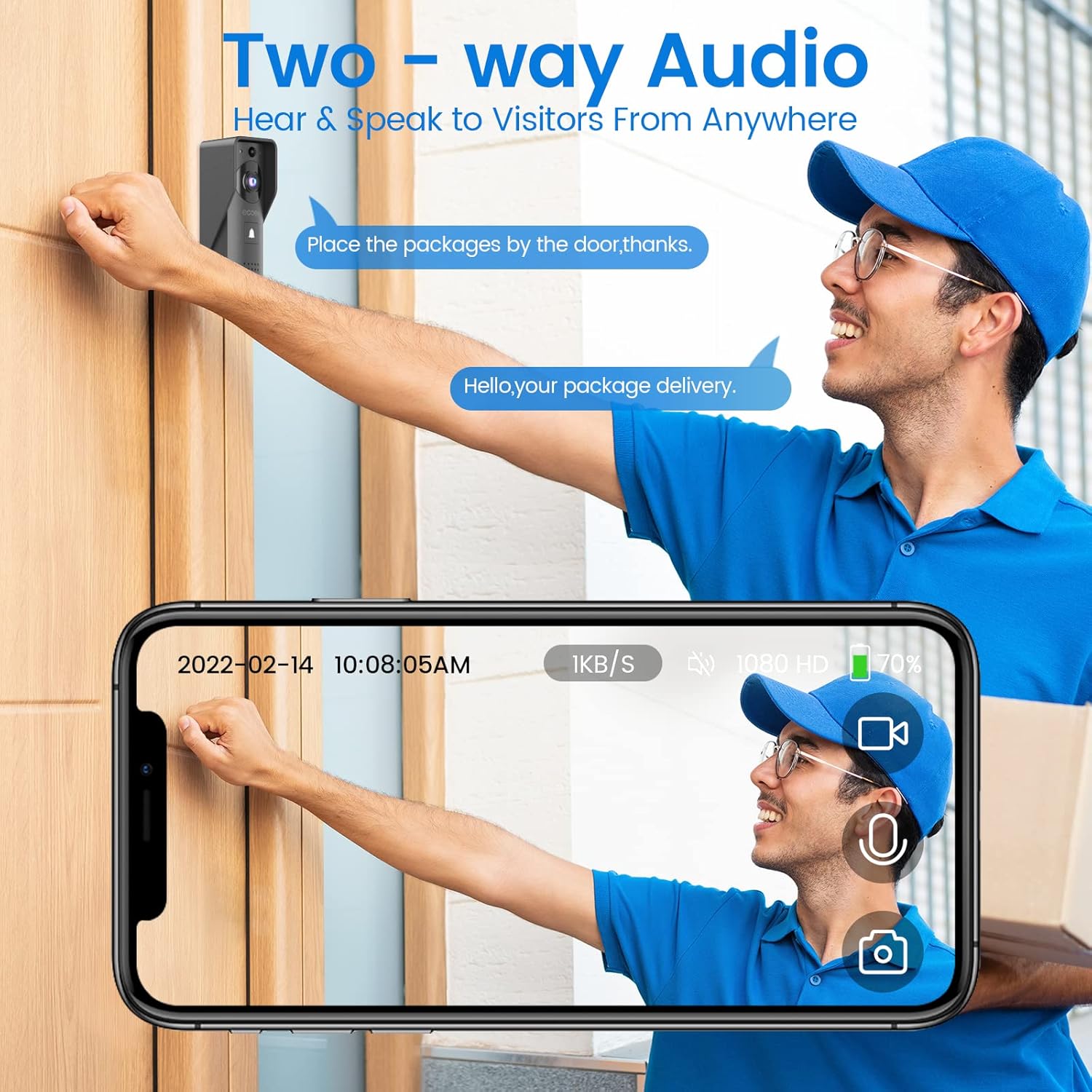 Ecoey Video Doorbell Camera, Smart Wi-Fi Doorbell Camera with Two-Way Audio, Video Doorbell with 1080P HD, PIR Motion Detection, Removable TF Card, Wireless Doorbell with Solar Energy, GW1002, 1PACK