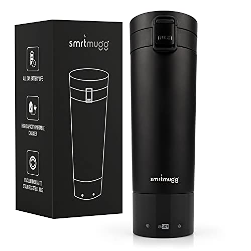 Heated Coffee Mug, All Day Battery Life, Battery Powered Travel Mug, Smart Mug, Great for Coffee and Tea, Fast Heating Technology, Portable Charger (Black 10 oz.)