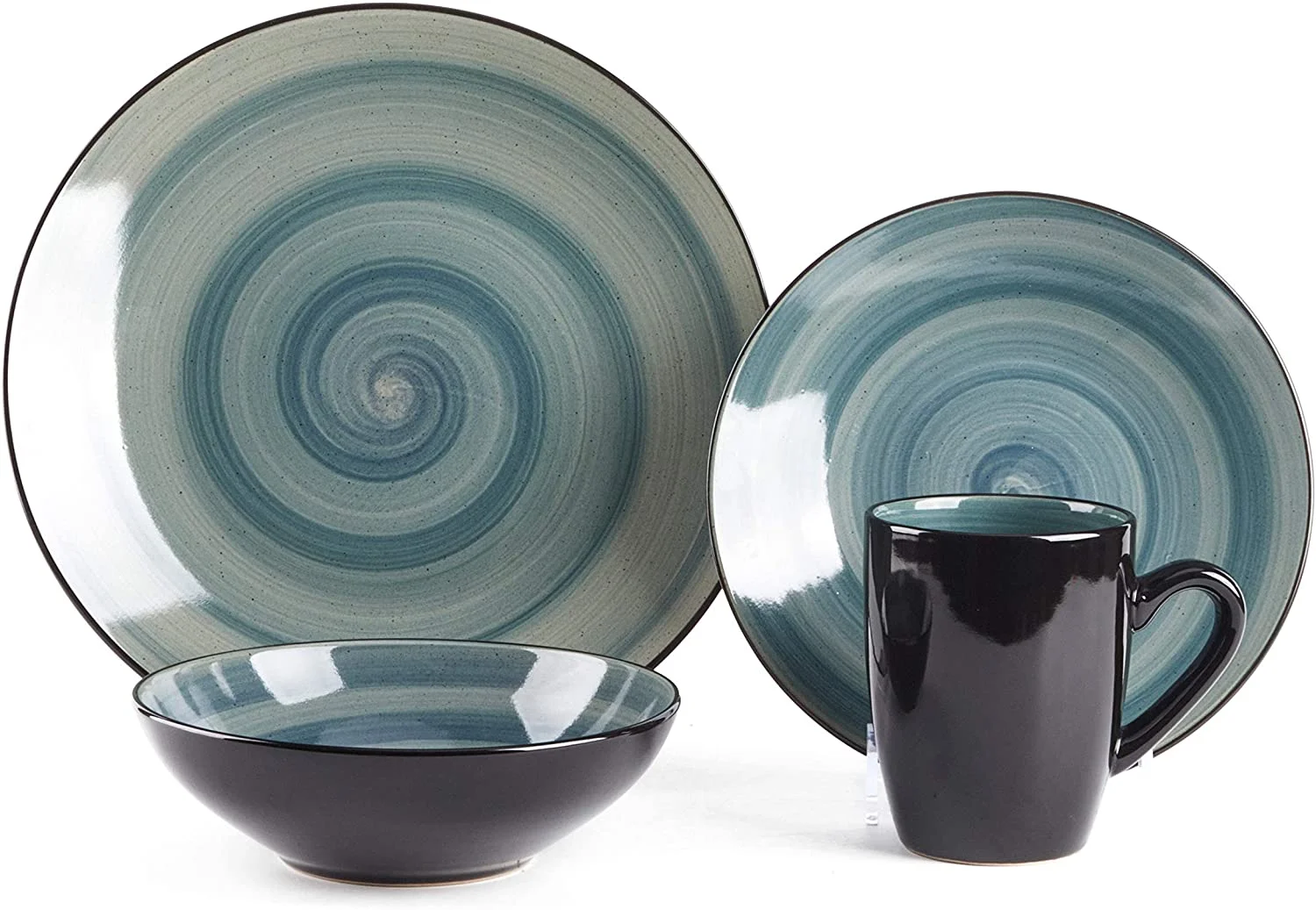 Sonoma 16 Piece Stoneware Dinner Set, Outside Black + Inside Handpainted Color Blue