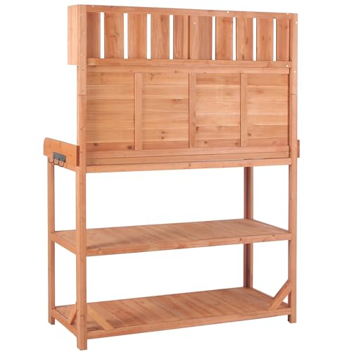 Outdoor Wooden Potting Bench Table – Farmhouse Garden Workstation with Drawers, Cabinet & Storage Shelves, Large Fir Wood Work Table for Patio, Backyard, Mudroom, Greenhouse (Light Brown, 66''H)