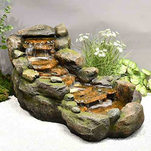 Garden Water Fountains outdoor Floor Standing, 3 Tier Rock Waterfall Fountain with LED Lights and Pump for Garden, Patio, Backyard, Deck, Porch and Home Art Deco, 56.3" Very Tall