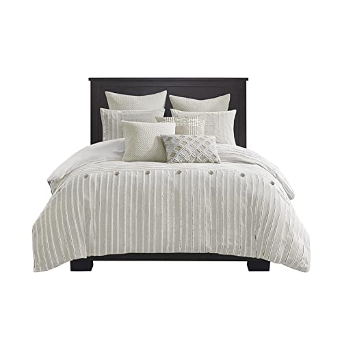 Madison Park King Comforter Set Clipped Jacquard Stripes with Buttons Boho Comforter for a King-Size Bed, Cotton Oversized Comforters with Removable Cover Boho Bedding, King Ivory 9 Piece