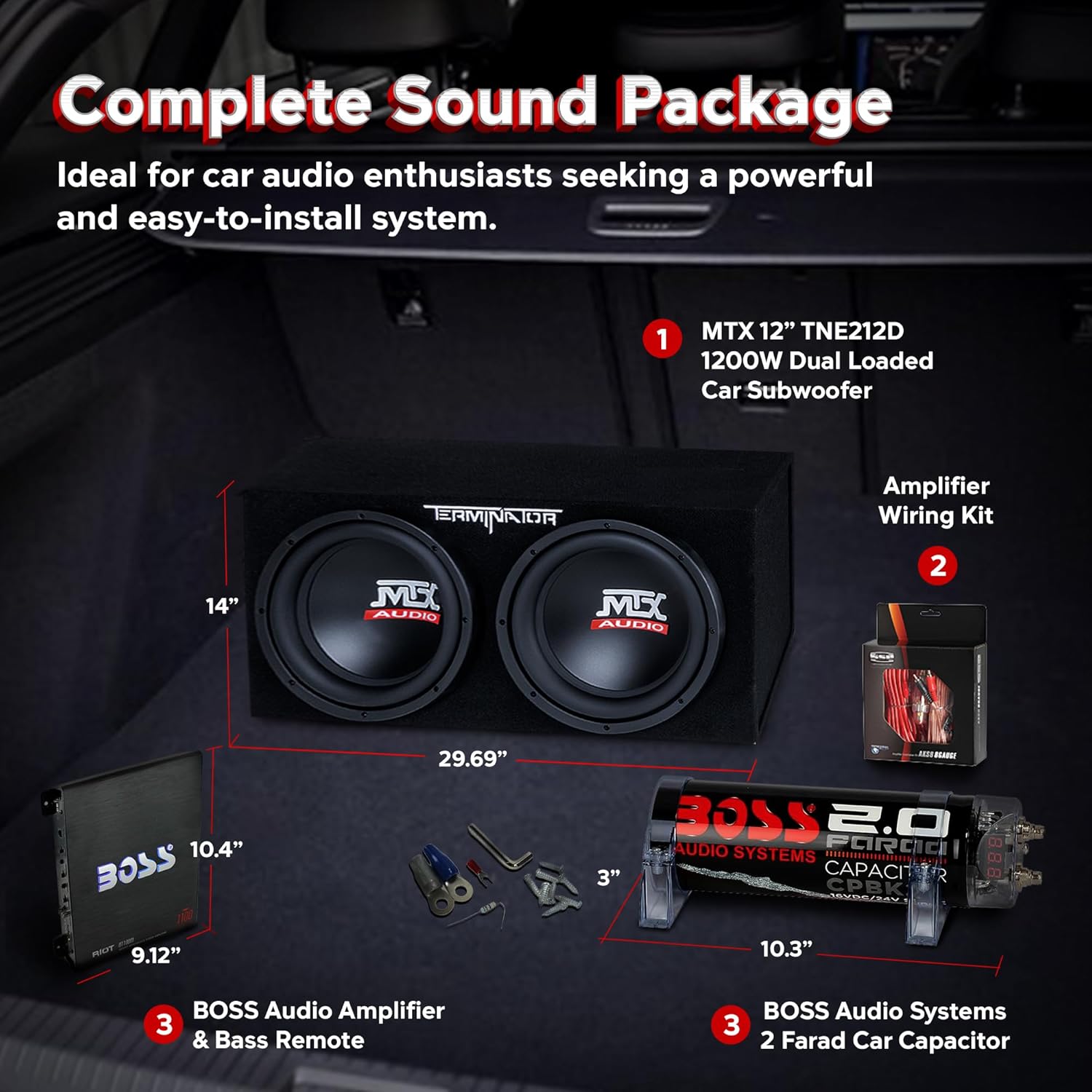 MTX 12 Inch 1200 Watt 4 Ohm Dual Loaded Car Audio Subwoofer Package with Sub Enclosure, Boss 1100W Mono A/B Amplifier, Wiring Kit and Capacitor