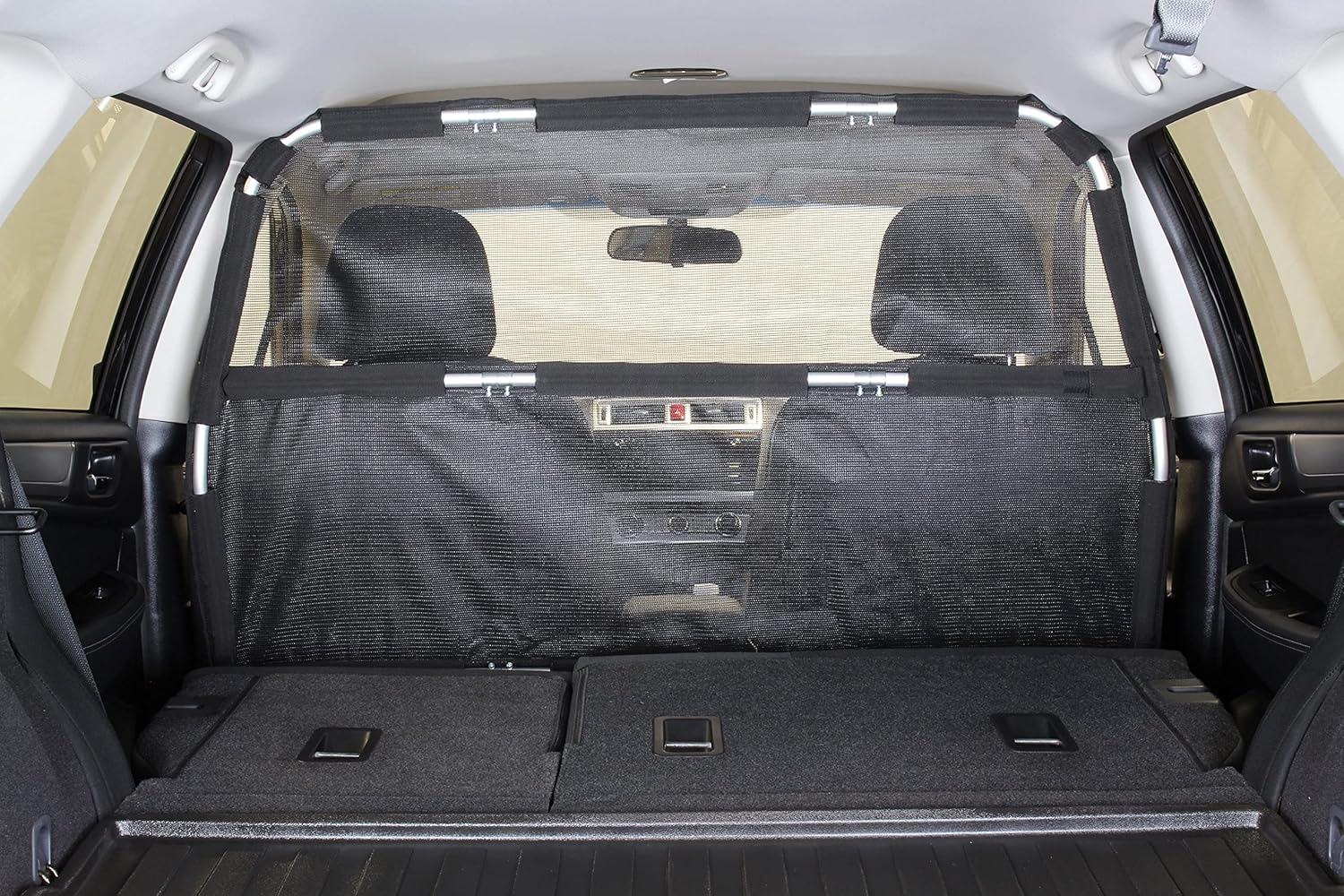Bushwhacker Deluxe Dog Barrier 56 Wide - Ideal for Trucks, Large SUVs, Full Sized Sedans - Pet Restraint Car Backseat Divider Vehicle Gate Cargo Area Travel Trunk Mesh Net Screen Barricade