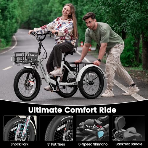 MOONCOOL Electric Tricycle for Adults, 500W/750W 48V 20" Folding Electric Trike Peak Power 1100W, 3 Wheels Electric Bicycle, Aluminum Frame Electric Tricycle with Large Basket and Removable Battery