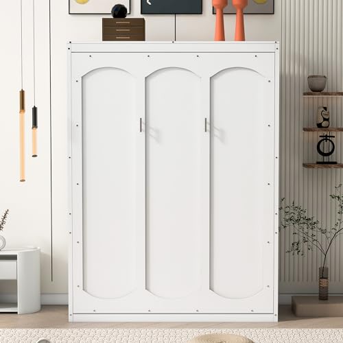 Queen Murphy Bed Folded to Wall Wooden Cabinet Bed with Cushion, Hidden Bed Folding Wall Bed for Guest Bedroom, Space Saving Design & Easy Assembly (White)