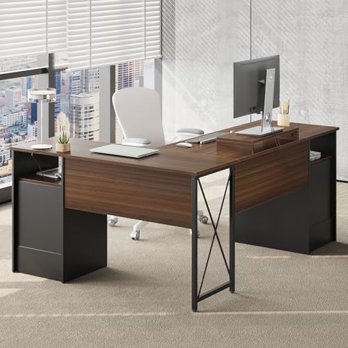 Bestier L Shaped Desk with File Drawers, 63" x 47" Office Computer Desk with Storage Cabinet, Corner Desk with Monitor Stand & Modesty Panel for Home Office, Gray
