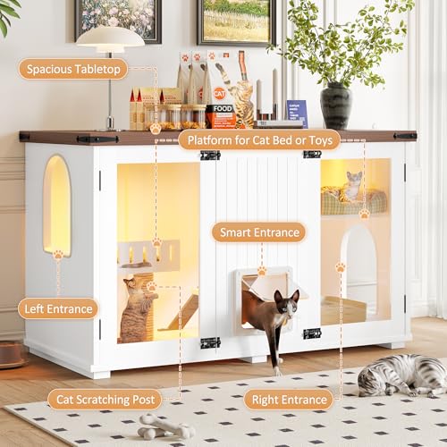 47.25 Inch Multi-Functional Hidden Cat Litter Box Enclosure with Smart Door & LED Light, Modern Cat House with Scratching Post & Stairs, Can be Used as Side Table/TV Stand - White