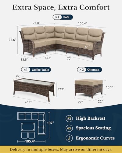 Luxury Patio Furniture Set with 6-inch Thick Cushion, Outdoor Couch and High Back Swivel Rocker Patio Chairs, 7PCS Wicker Conversation Set for Deck, Yard, and Poolside in Blue (V2)
