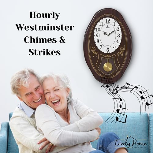 Pendulum Wall Clock Battery Operated - Hanging Grandfather Wall Clock with Pendulum - Quiet Wood Pendulum Clock - Wooden Wall Clock for Living Room Decor, Office & Home Décor Gift 27x11.5