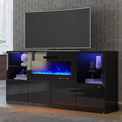 AMERLIFE Modern High Gloss 68" Fireplace TV Stand, Fireplace Entertainment Center with Fireplace & LED Lights for TVs up to 78", TV Console Cabinet with Adjustable Glass Shelves for Living Room, White