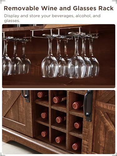 OKD 72" Farmhosue Bar Cabinet with Sliding Barn Door, Large Kitchen Buffet with Hutch w/Wine & Glasses Rack, 3 Drawers, 12 Storage Shelves, Rustic Coffee Bar Sideboard Table, Antique Brush White