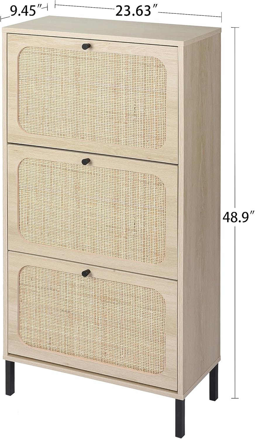 Natural Rattan 3, Freestanding, Modern Entryway Storage Cabinet Slim, Shoe Rack for Front Door Entrance, White+Walnut