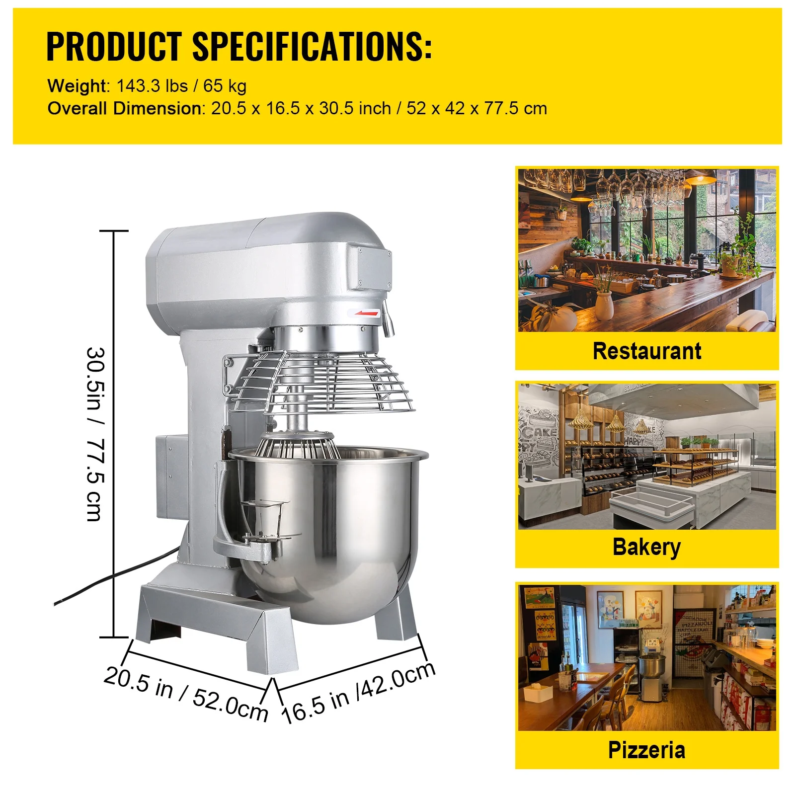SKYSHALO Commercial Food Mixer 20Qt 750W 3 Speeds Adjustable 105 180 and 408 RPM Food Processor Heavy Duty with Stainless Steel Bowl Dough Hooks Whisk Beater for Schools Bakeries Restaurants Pizzeria