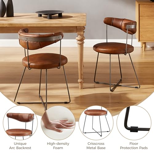 Art Leon Genuine Leather Accent Chair, Mid Century Modern Side Chair with Black Metal Legs, Armless Chair for Living Room Bedroom, Cognac