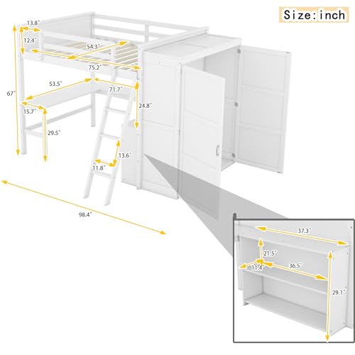 SOFTSEA Twin Size Loft Bed with Built in Desk & Wardrobe, Solid Wood Loft Bed with Storage Cabinet, High Loft Bed Frame with Large Wardrobe for Kids Teens Adults, Grey