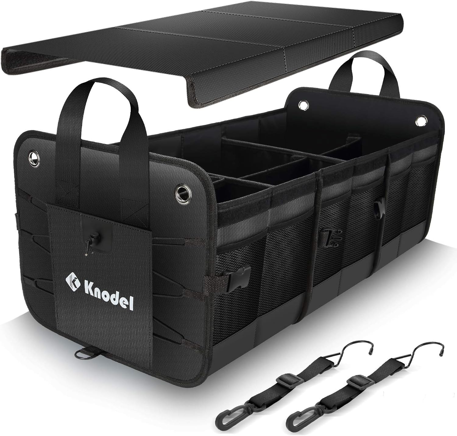 Knodel Car Trunk Organizer, Foldable Cover, Heavy Duty Collapsible Car Trunk Storage Organizer, Car Cargo Trunk Organizer with Lid, 3 Compartments, with Straps (Black) Pack of 2