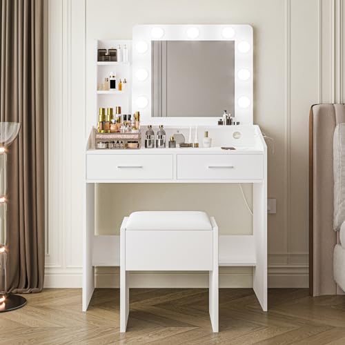 Vanity Desk with Mirror and Lights, Makeup Vanity Desk with Charging Station and Cushioned Stool, Dressing Table with 2 Drawers & 3 Lighting Modes Adjustable Brightness for Bedroom, Black