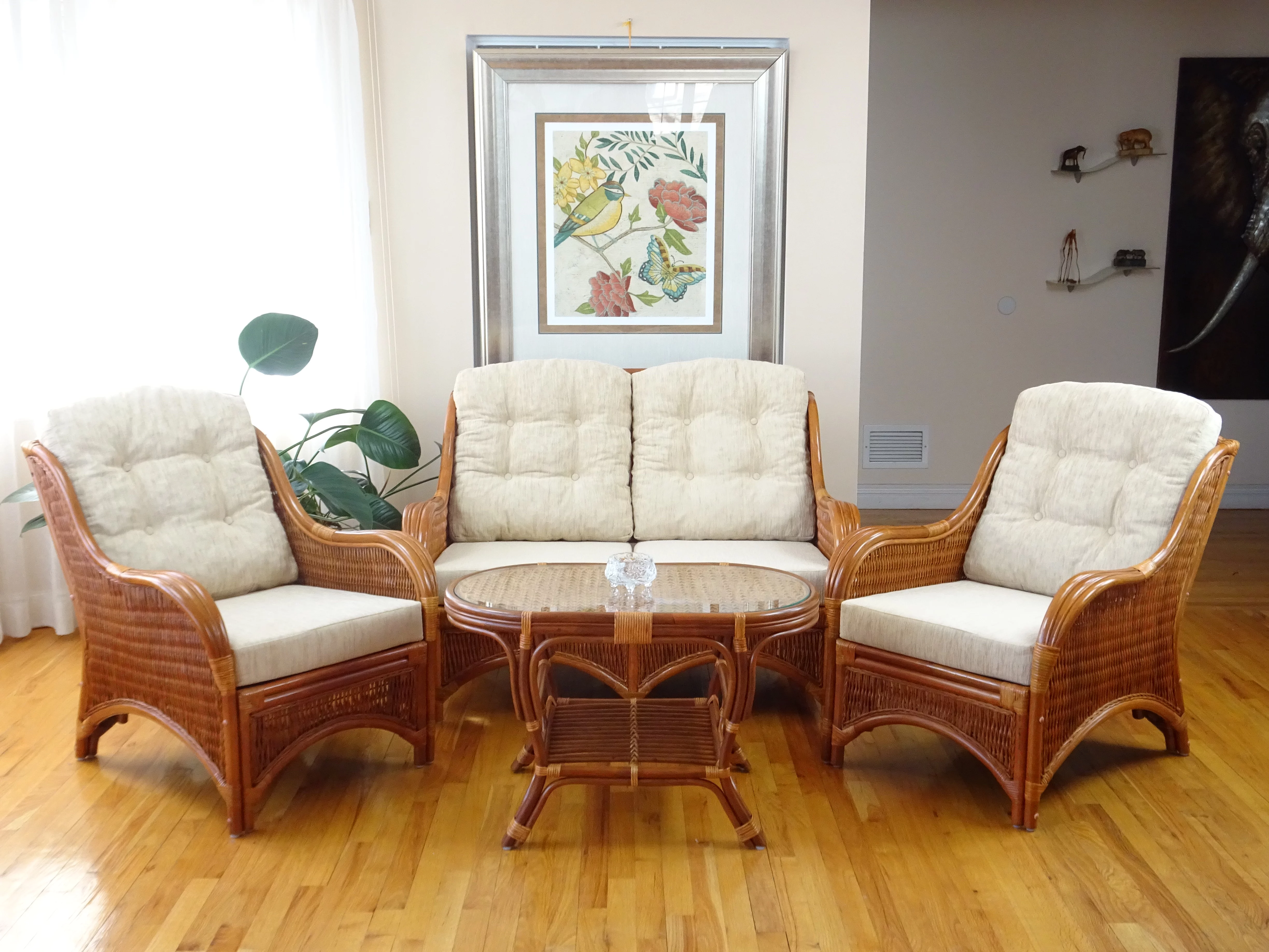 Jam Living Set of 2 Natural Rattan Wicker Lounge Chairs, Loveseat with Cream Cushions and Coffee Table w/Glass Handmade, Colonial