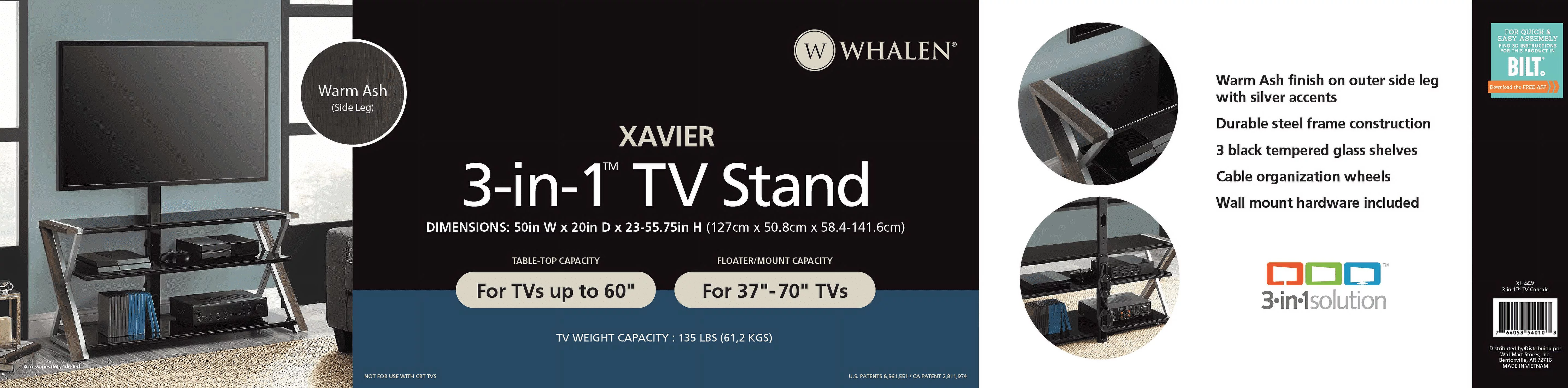 Whalen Xavier 3-in-1 Television Stand for TVs up to 70", Warm Ash