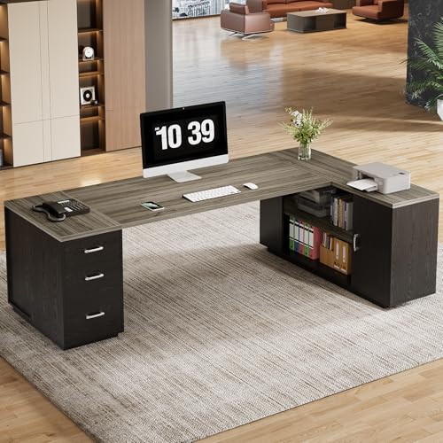Tribesigns 85.8-Inch L-Shaped Executive Desk with File Drawers, Door Cabinet & Shelves, Extra Large Commercial Office Desk, Modern Professional Office Table, White & Brown Business Furniture