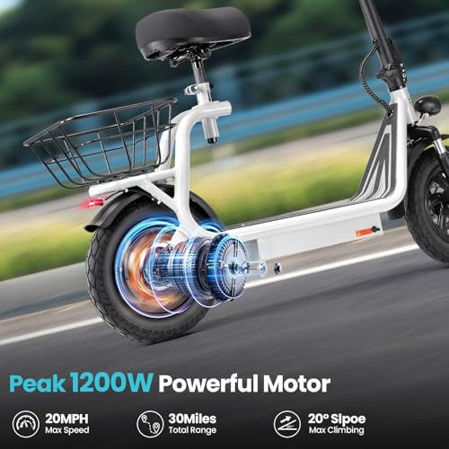 Caroma Electric Scooter with Seat,1200W Peak Motor,LED Display & 3 Speed Modes,30 Miles Max Range,Height Adjustable Seat & Foldable Electric Scooter with Basket,Front Suspension & Storage Hook
