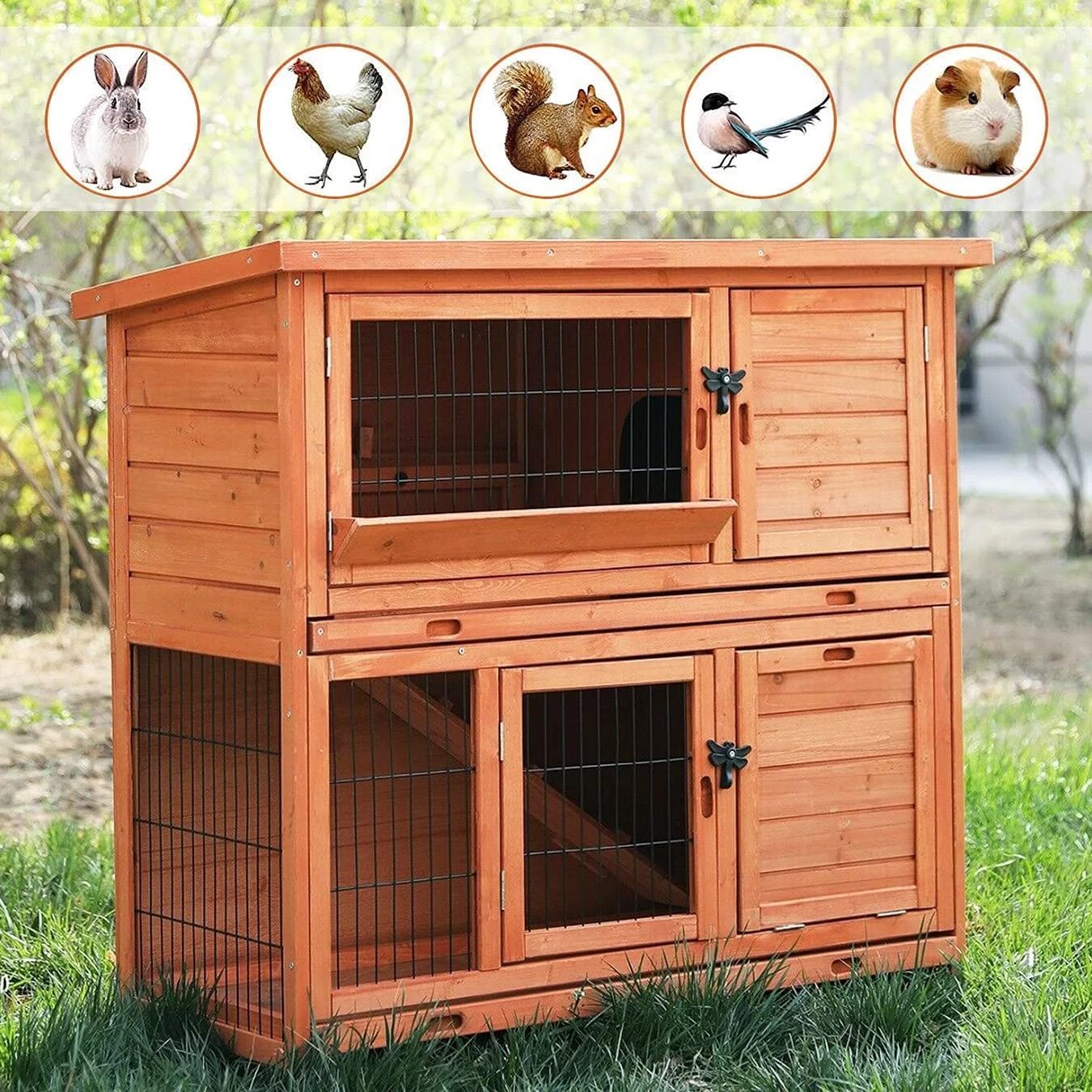 Pirecart 42.3" Wooden Rabbit Hutch, Backyard Bunny Cage W/ Removable Tray - Curated Treasures Market