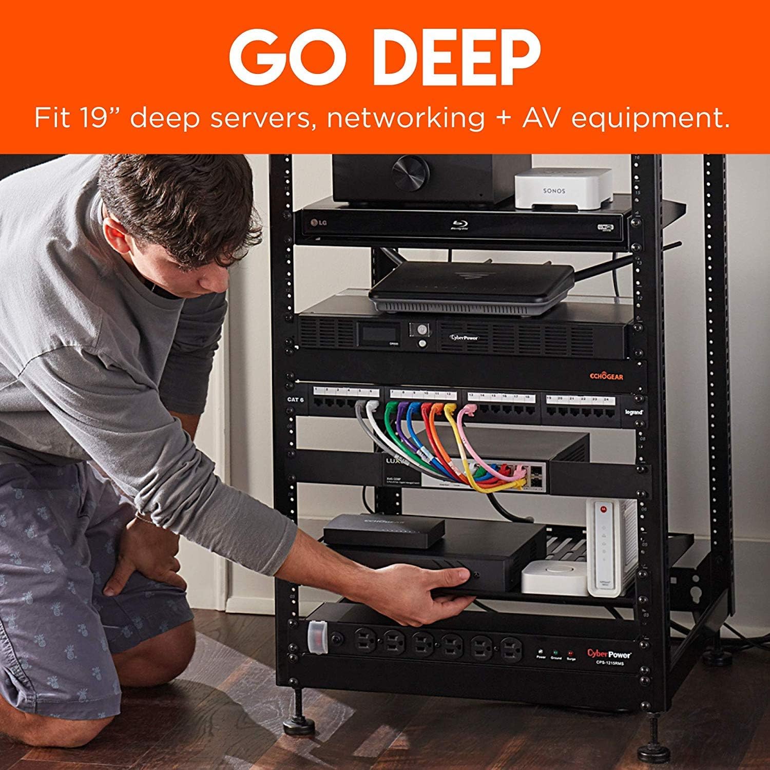 ECHOGEAR 15U Open Frame Rack for Servers & AV Gear - Heavy Duty 4 Post Design Includes 2 Vented Shelves & is Wall Mountable