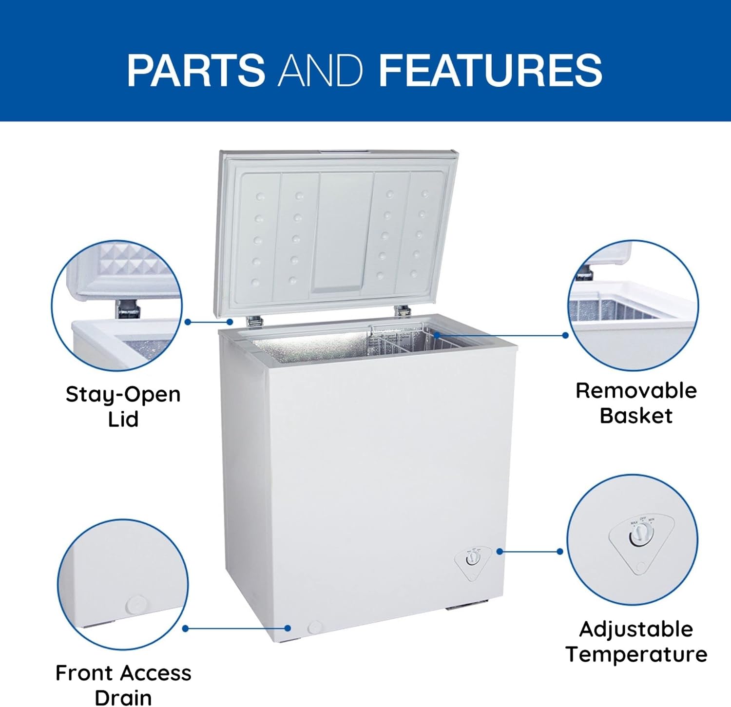 Koolatron Compact Chest Freezer, 5.5 cu ft (155L), White, Manual Defrost Deep Freeze, Storage Basket, Space-Saving Flat Back, Stay-Open Lid, Front-Access Defrost Drain, for Apartment, Condo, Cottage