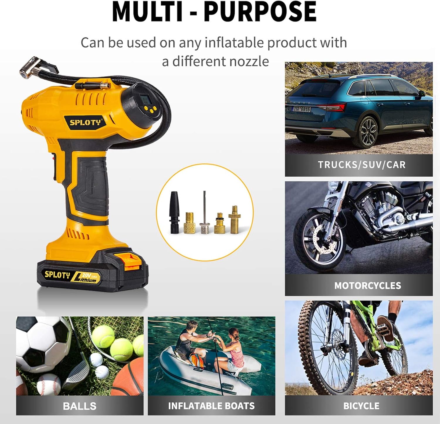 SPLOTY Cordless Tire Inflator Portable Air Compressor 20V Rechargeable Battery Handheld Air Pump 160PSI,12V Car Power Adapter Digital Pressure Gauge for Cars,Motorcycles,Balls and Other Inflatables